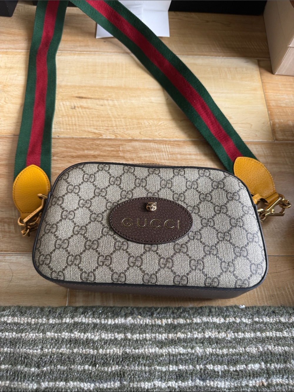 Gucci Beige GG Supreme Canvas Crossbody with Green-Red Web and Yellow Accents